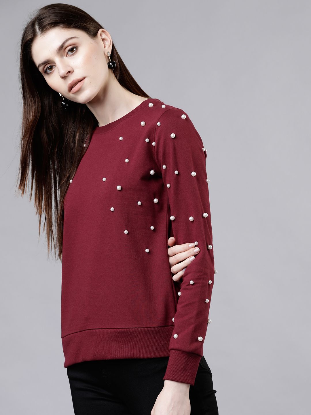 Tokyo Talkies Women Maroon & White Solid Sweatshirt