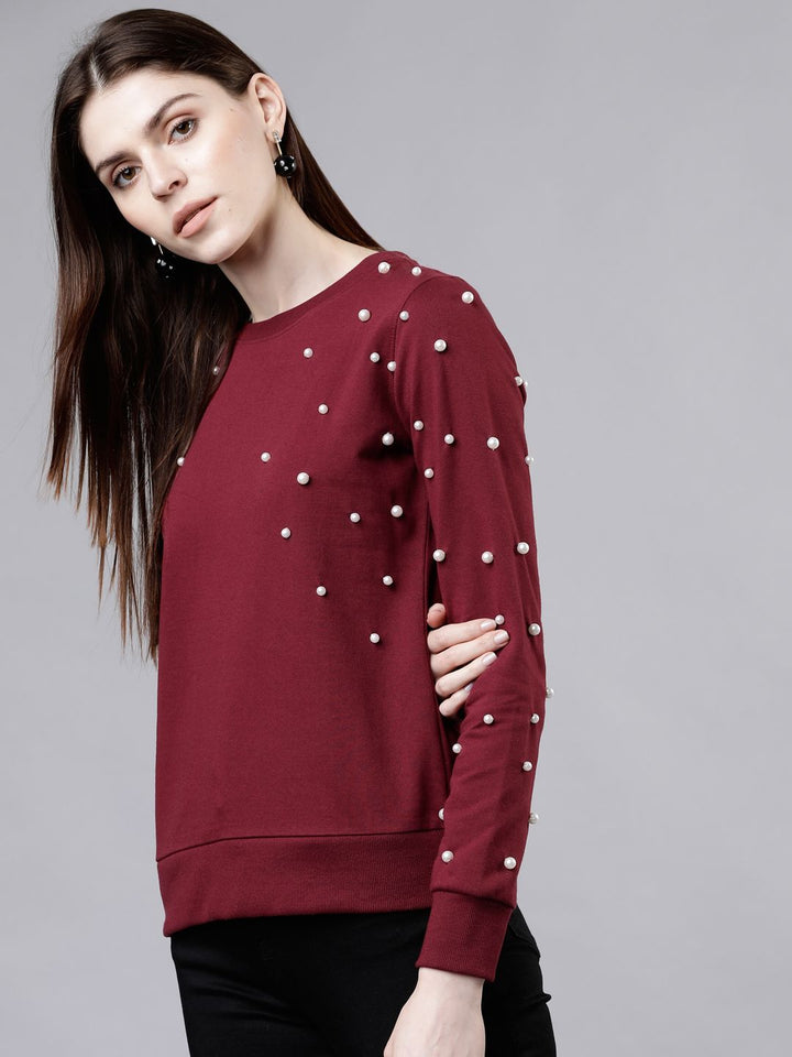 Tokyo Talkies Women Maroon & White Solid Sweatshirt