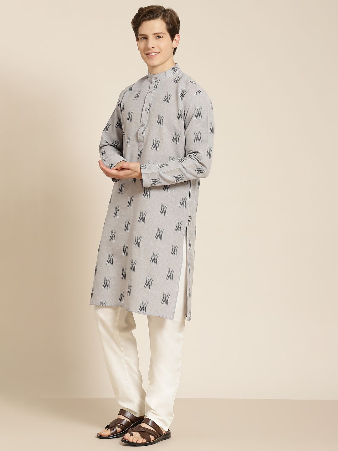 SOJANYA Lelaki Grey & Black Pure Cotton Self Design Kurta
