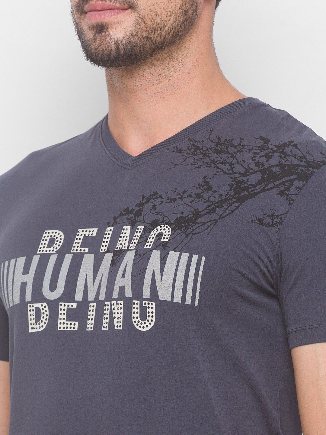 Being Human Men Grey & White Being Human Printed V-Neck T-shirt