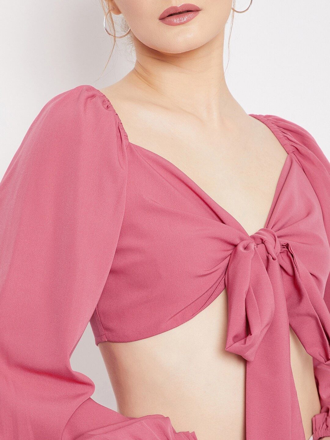 Berrylush Pink Sweetheart Neck Crepe Crop Top
