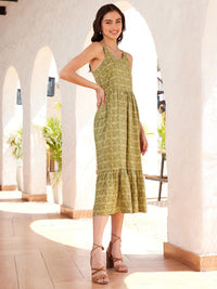 STREET 9 Olive Green & Beige Printed A-Line Midi Dress