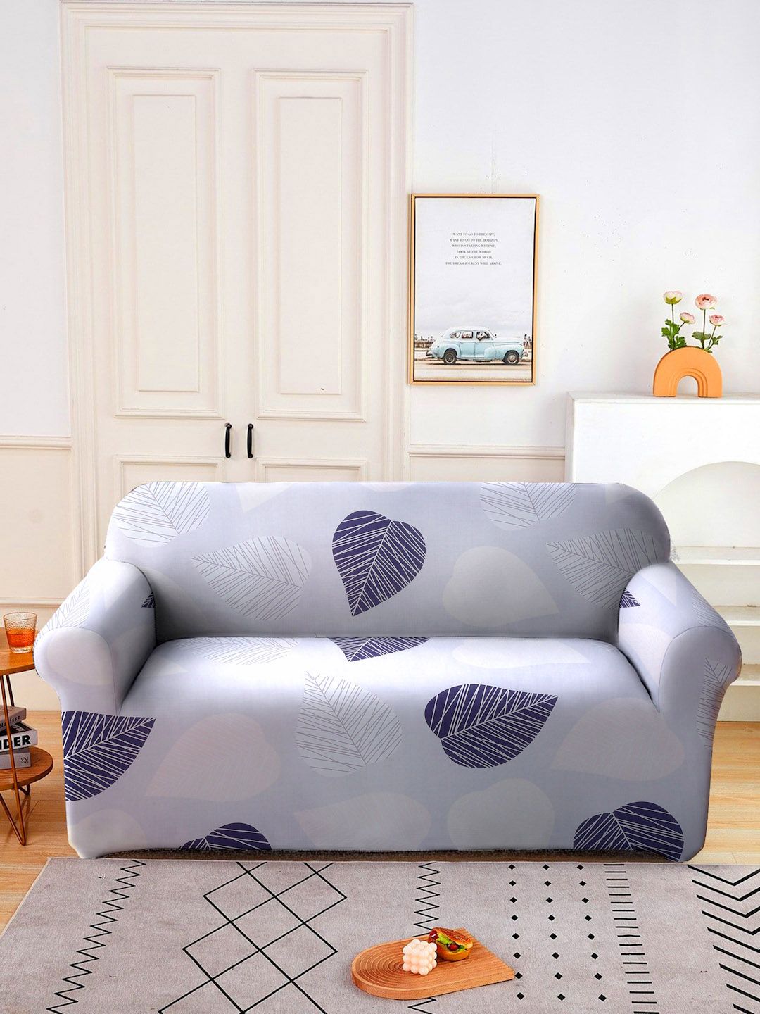 Cortina Lavender &amp; Sarung Sofa Dua Tempat Duduk Bercetak Unik Hitam