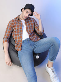 The Indian Garage Co Men Rust Orange & White Slim Fit Checked Casual Shirt