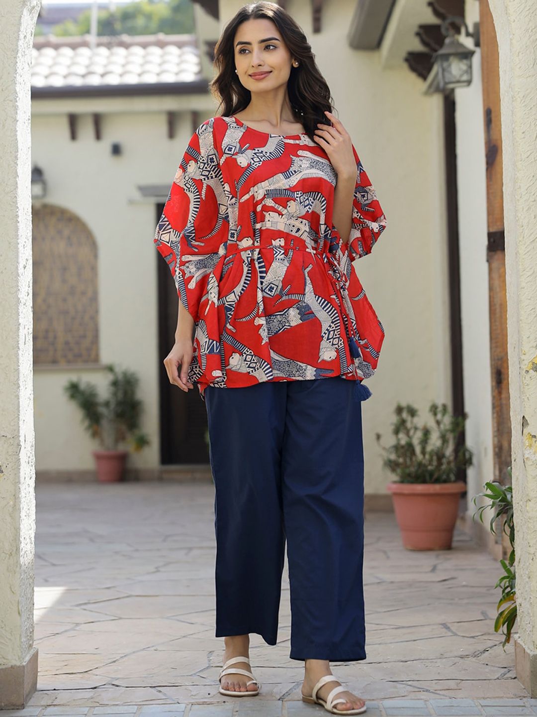 SANSKRUTIHOMES Animal Printed Round-Neck Top & Flared Trouser Co-Ords