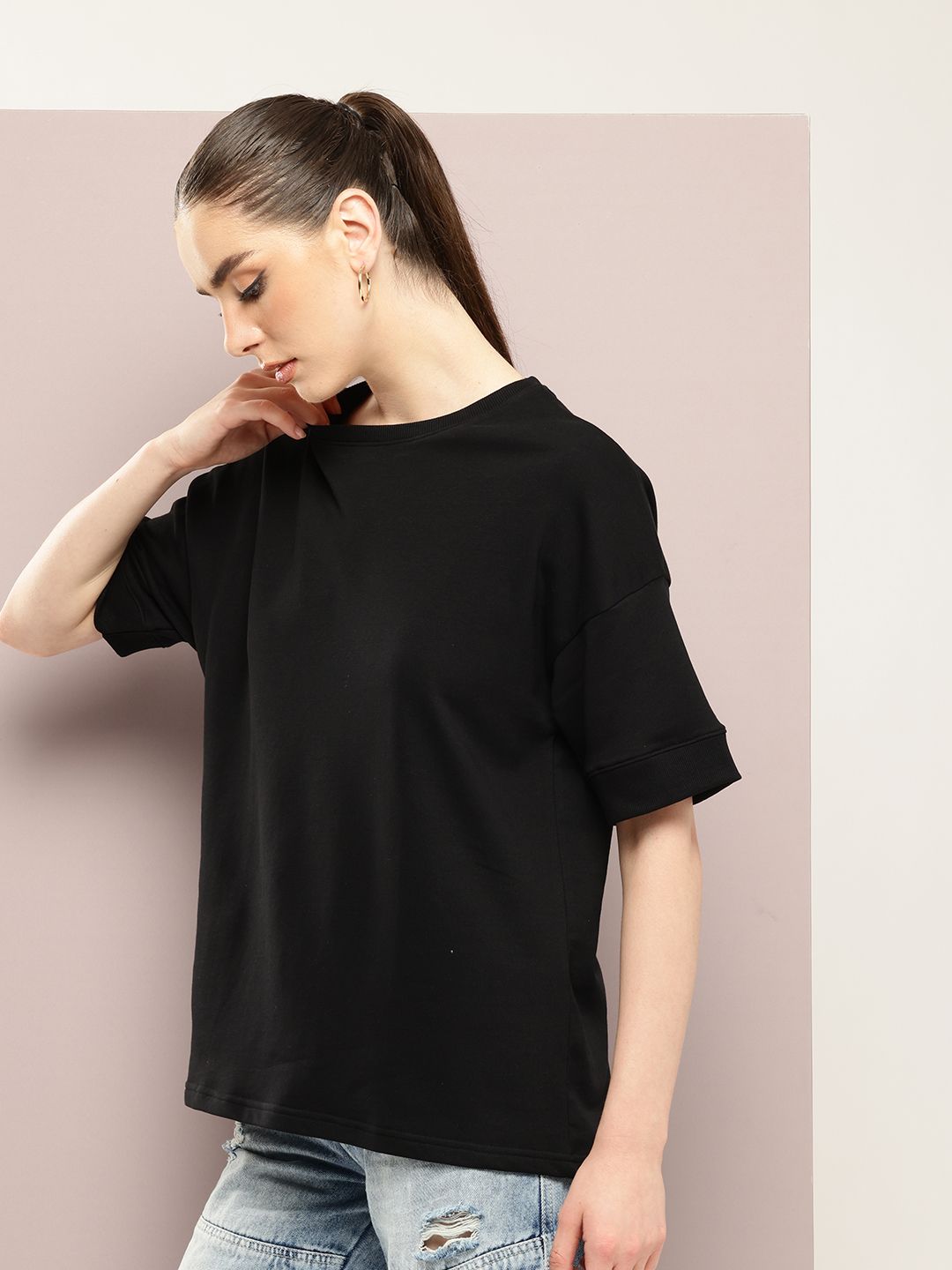 DILLINGER Women Oversized Drop Shoulder Ultra Soft Drapey Cotton Crew Neck T-Shirt