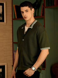 DENNISON Men Stretchex Self Design Polo Collar Cotton Oversized Shirt