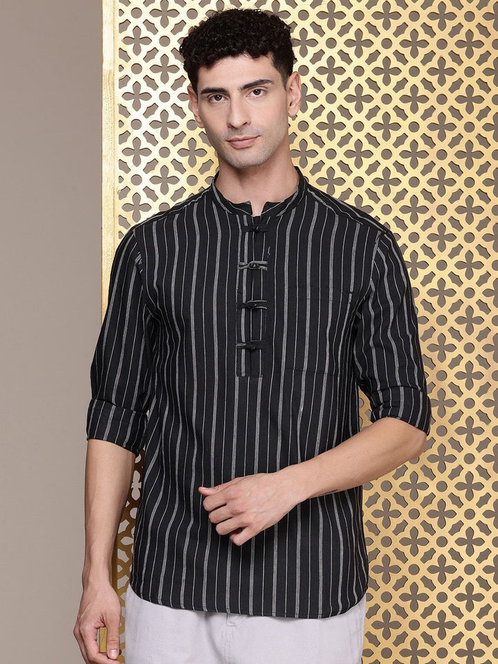 House of Pataudi Mandarin Collar Striped Rozana Kurta