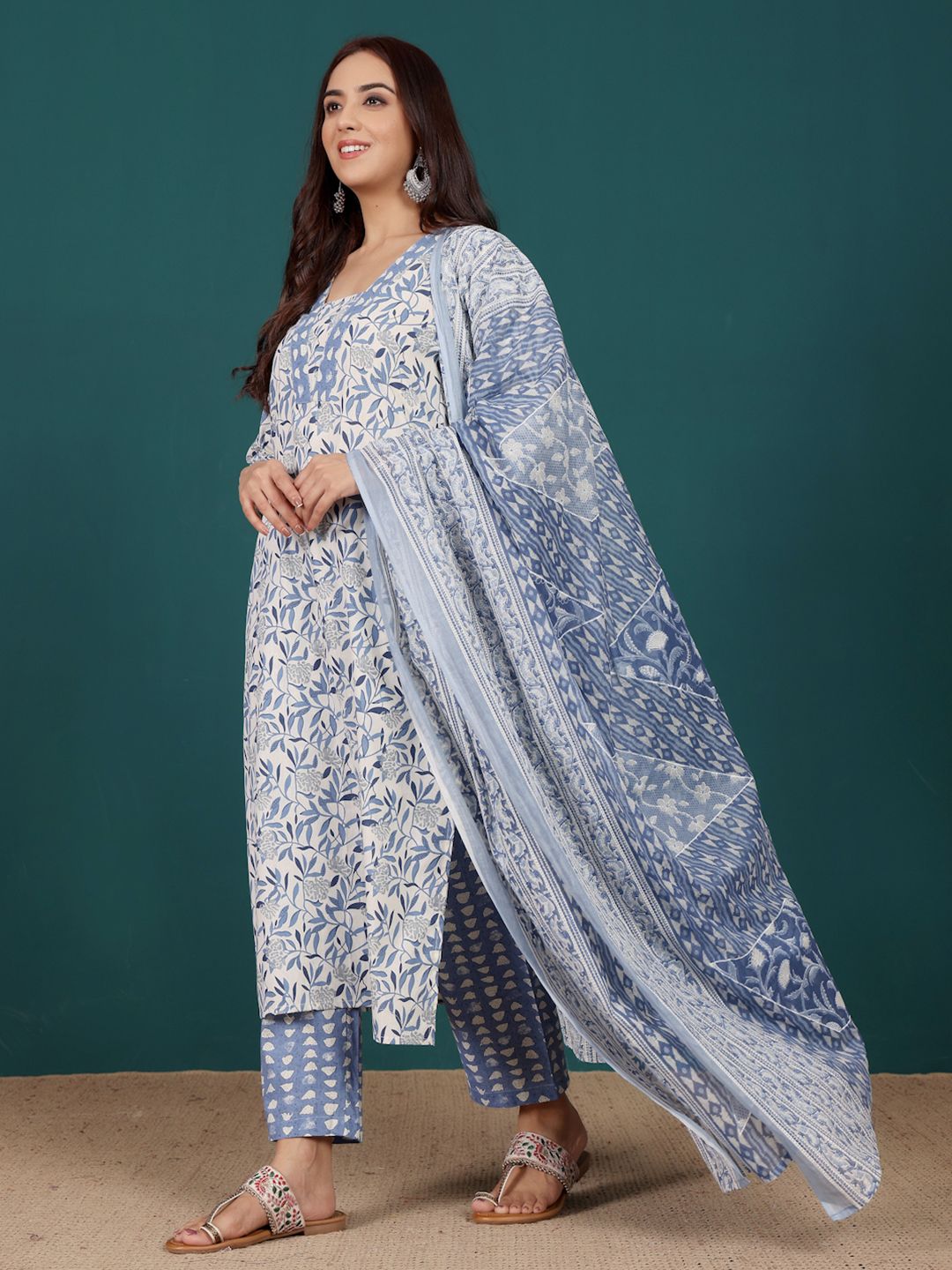 Varanga Floral Printed V-Neck Pure Cotton Straight Kurta With Trousers & Dupatta