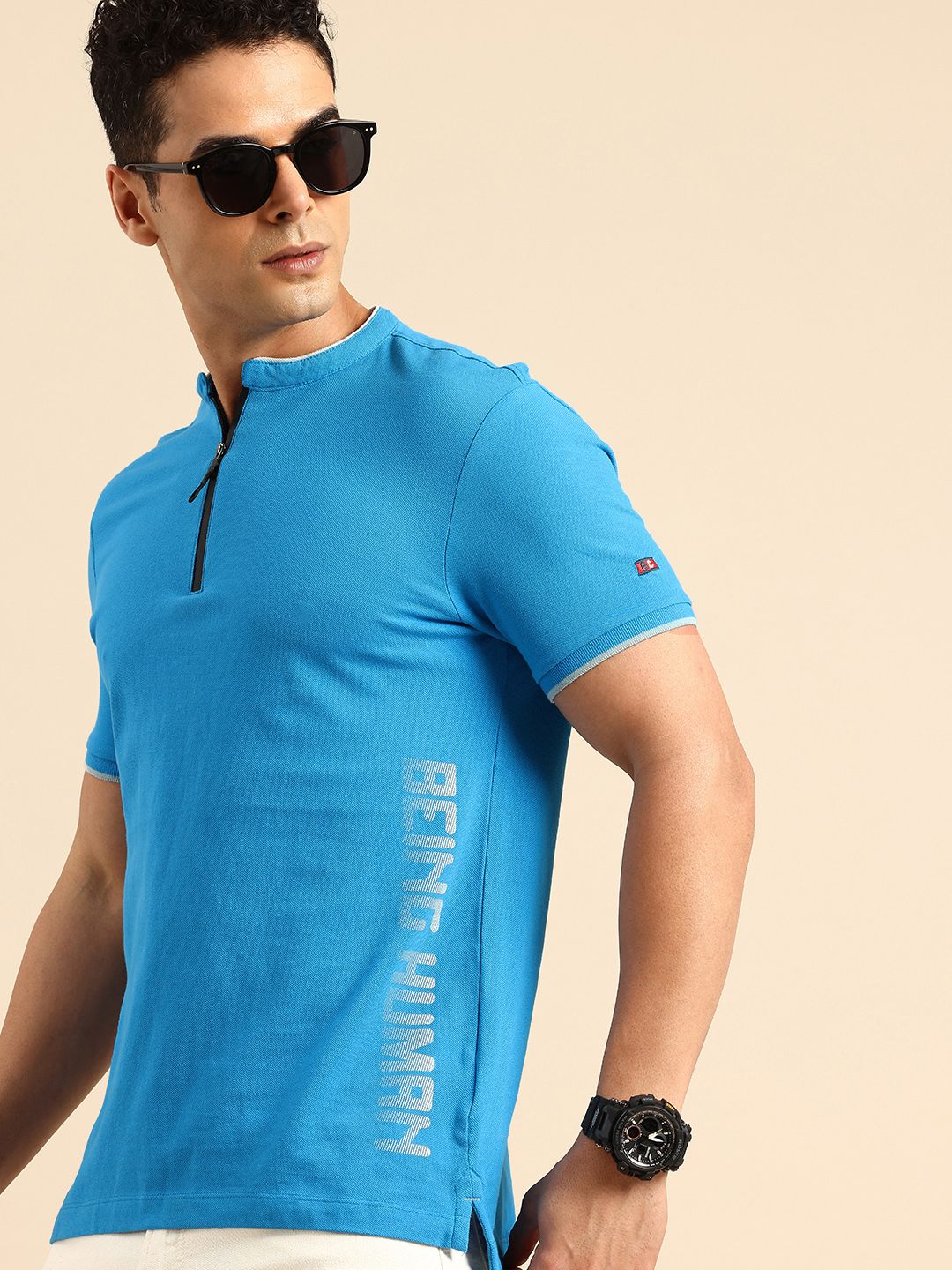 Being Human Pure Cotton Brand Logo Printed Henley Neck T-shirt