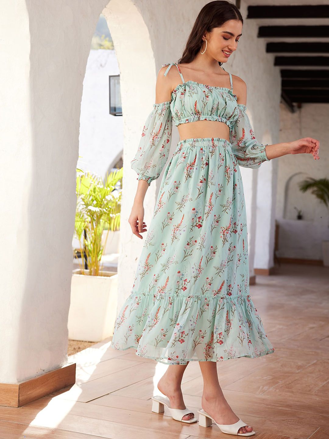 STREET 9 Green Printed Top & Skirt