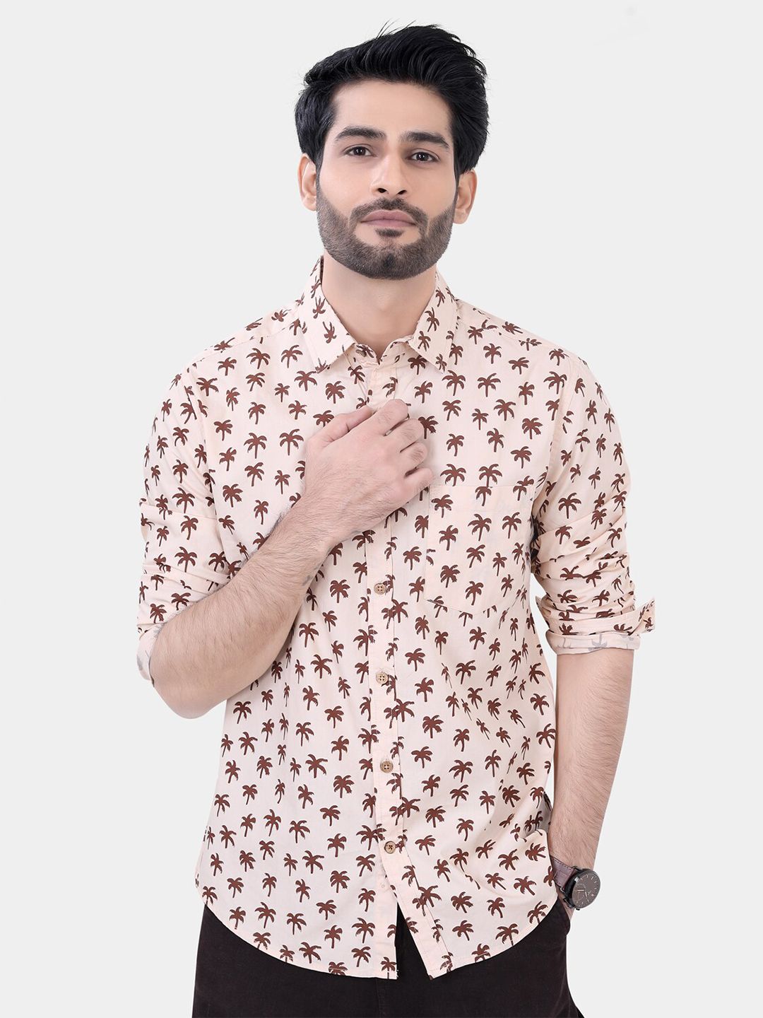VASTRADO Classic Printed Spread Collar Long Sleeves Slim Fit Casual Shirt