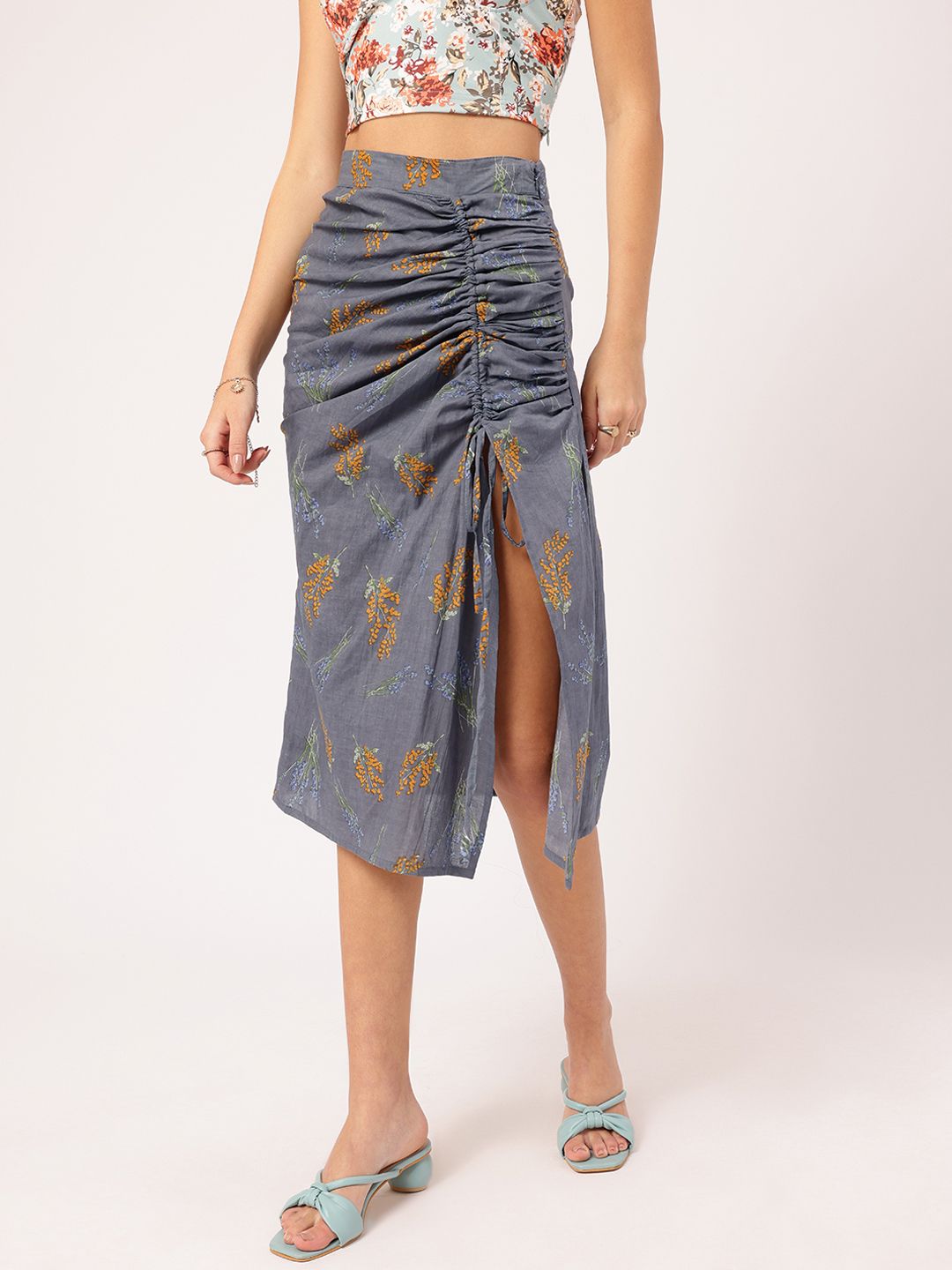 DressBerry Wildflower Wonderland Printed Ruched Side Slit Skirt