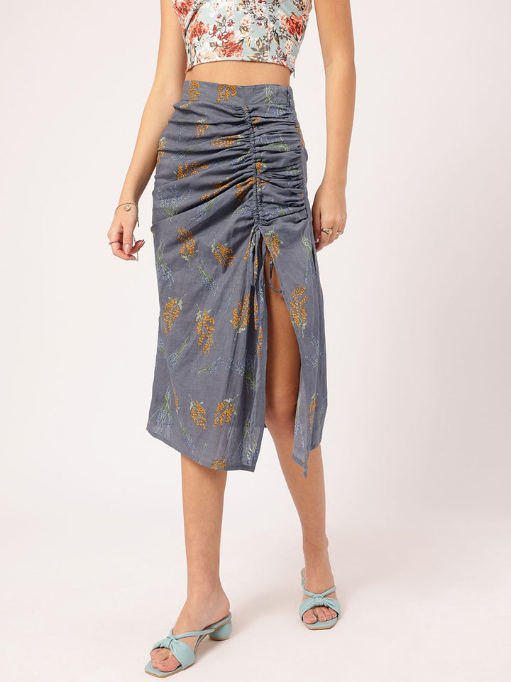 DressBerry Wildflower Wonderland Printed Ruched Side Slit Skirt
