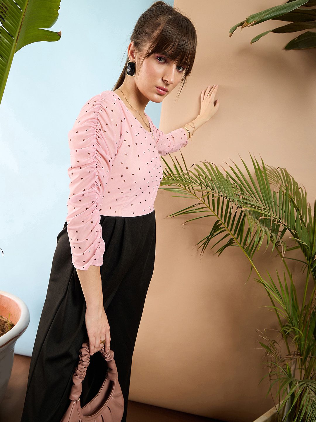 SASSAFRAS Peach-Coloured and Black Colourblocked Smocked Jumpsuit