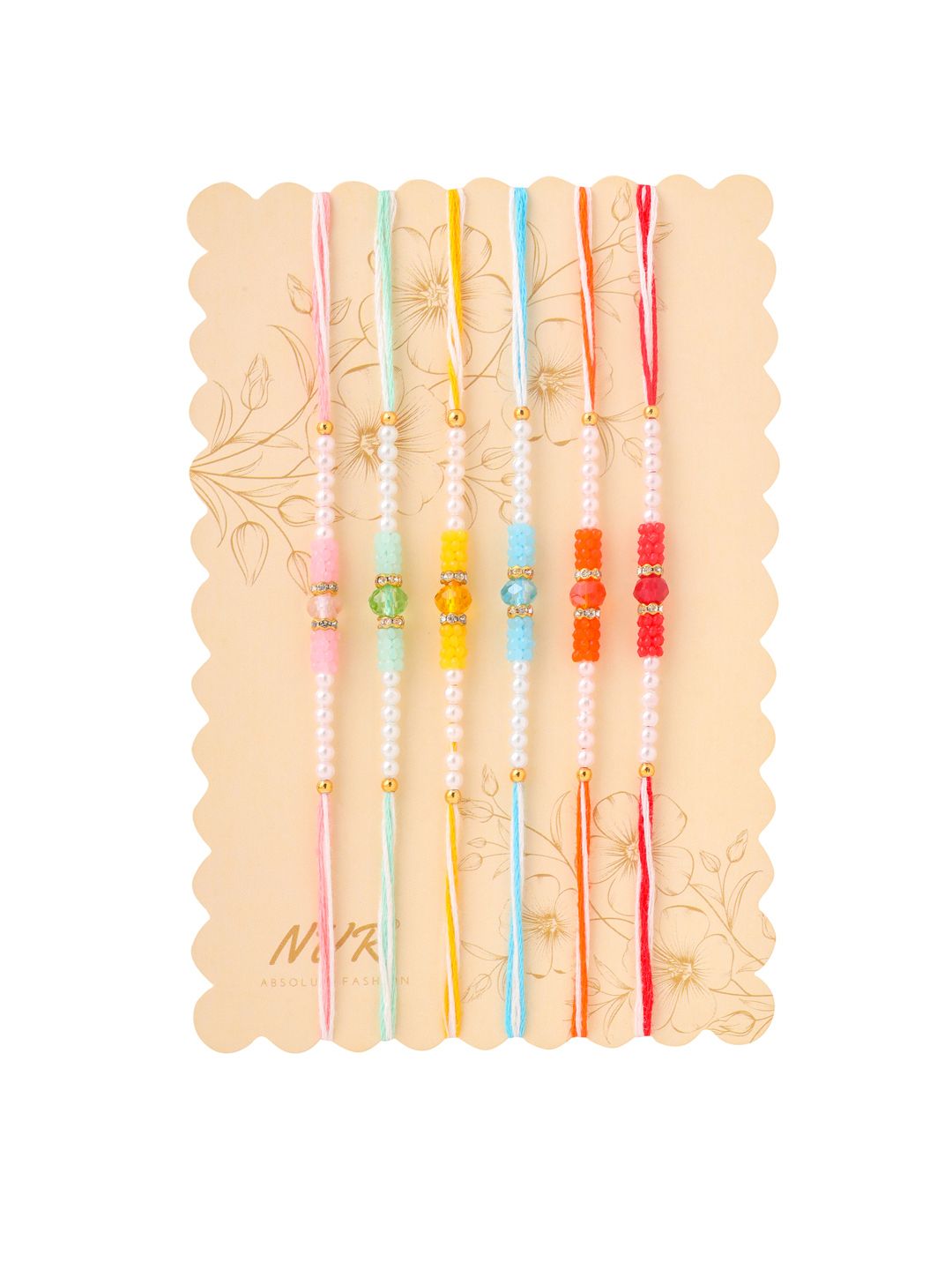 NVR Unisex Set of 6 Multicolor Artificial Stones & Pearls Rakhi With Roli Chawal