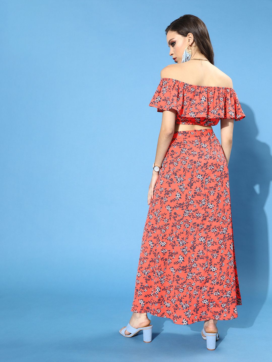 Berrylush Orange Floral Off-Shoulder Crepe Maxi Dress