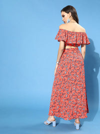 Berrylush Orange Floral Off-Shoulder Crepe Maxi Dress