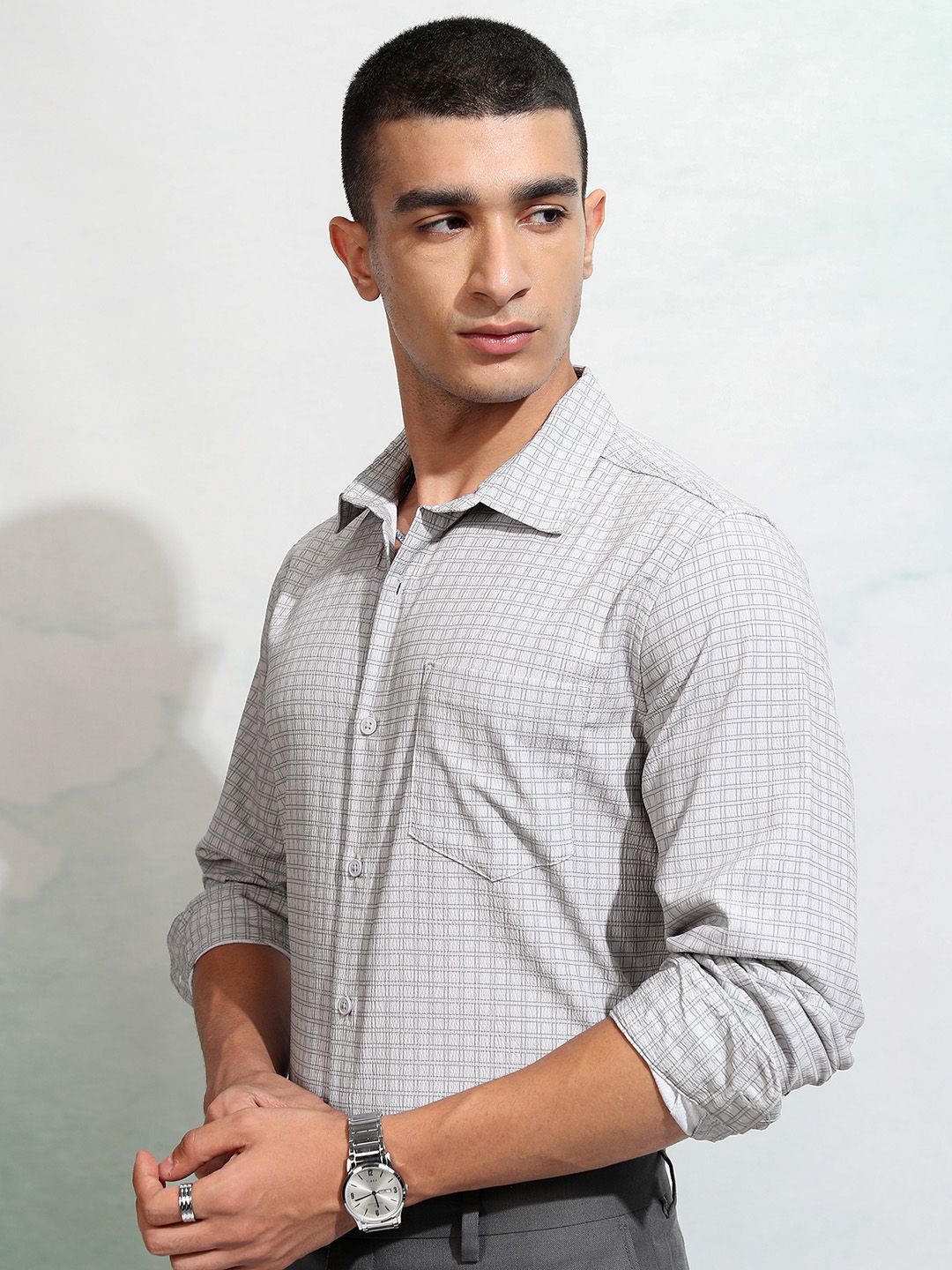 HIGHLANDER Men Popcorn Textured Printed Checked Casual Shirt