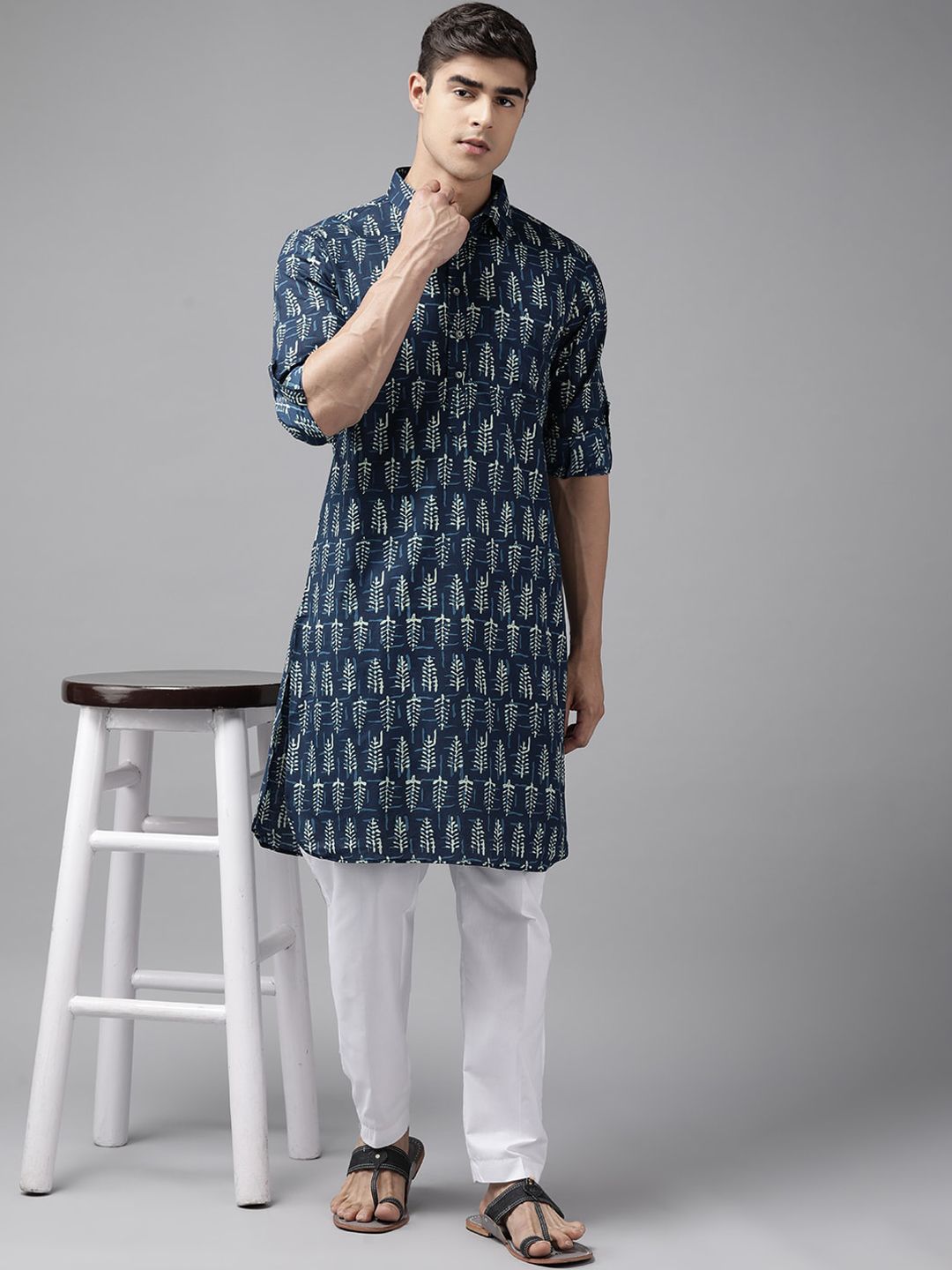 See Designs Ethnic Motifs Printed Shirt Collar Pathani Pure Cotton Kurta