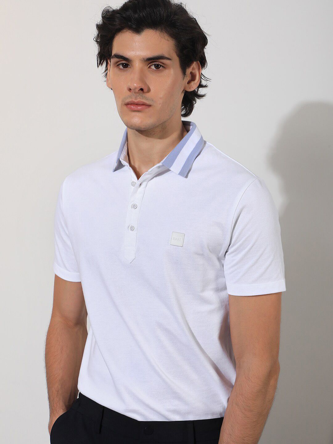 RARE RABBIT Men Divide Polo Collar Slim Fit Cotton T-Shirt