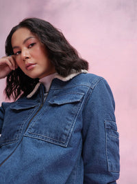 DressBerry Women Sherpa Trim Pure Cotton Denim Jacket