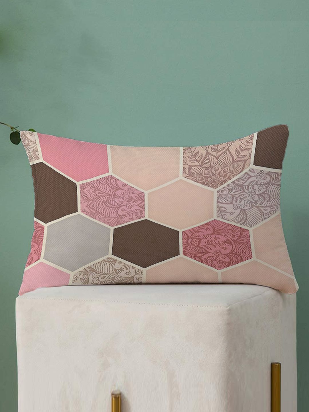 STITCHNEST Peach-Coloured & Cream-Coloured Set of 2 Geometric Rectangle Cushion Covers