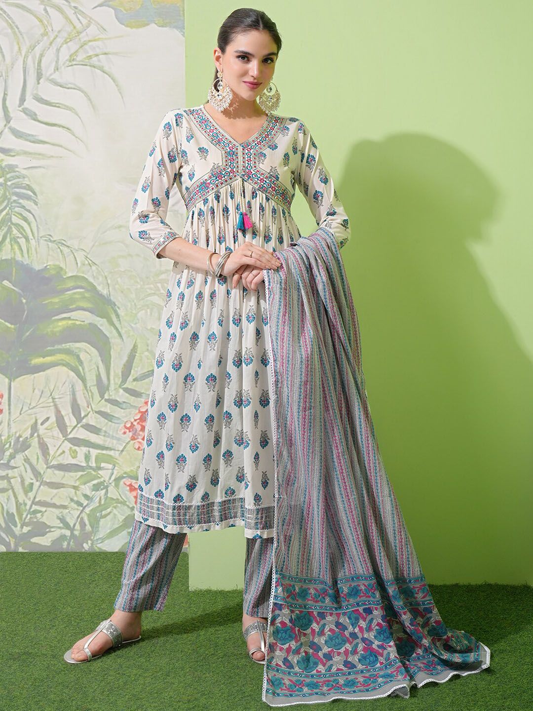 Vishudh White Floral Printed Pure Cotton A-Line Empire Kurta With Trousers & Dupatta