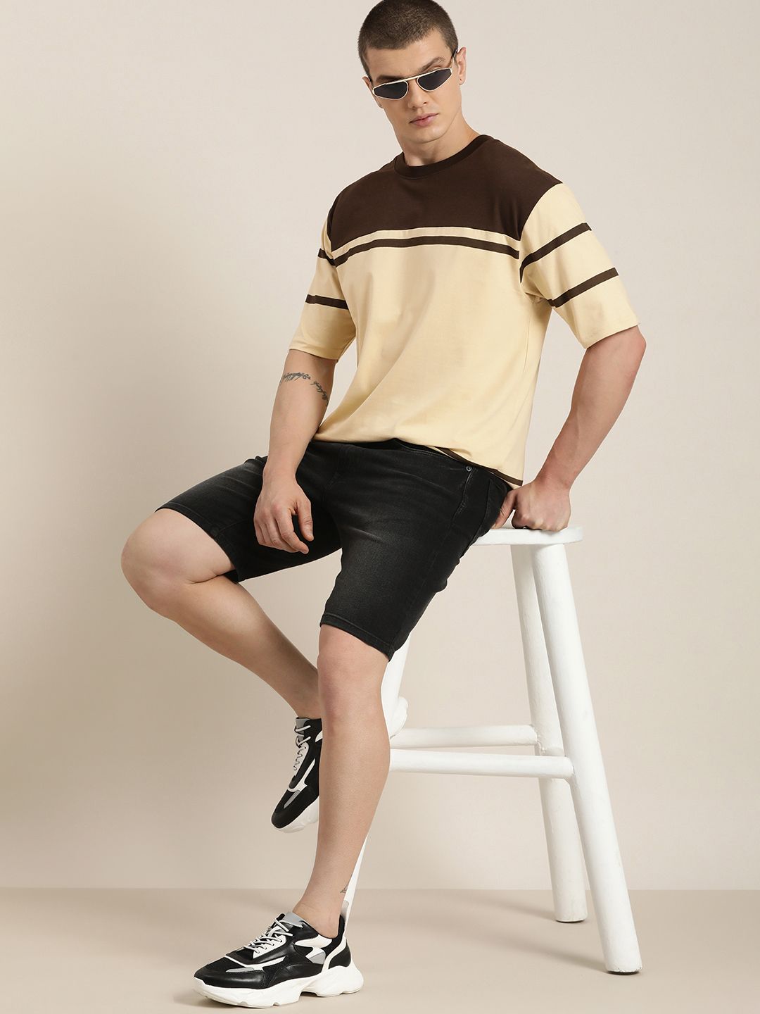 DILLINGER Men Striped Colourblocked Drop-Shoulder Sleeves Oversized Pure Cotton T-shirt