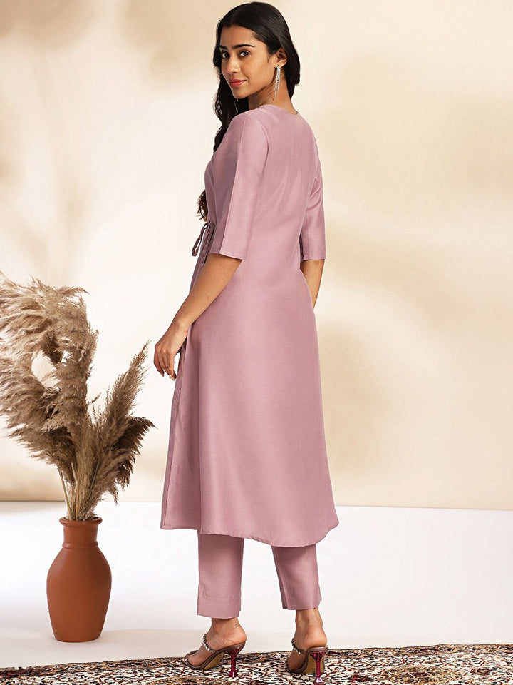 Janasya Women's Lavender Chinnon Solid Wrap Kurta Set