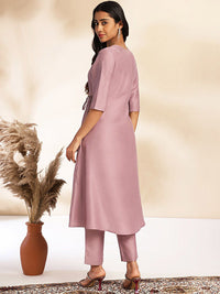 Janasya Women's Lavender Chinnon Solid Wrap Kurta Set