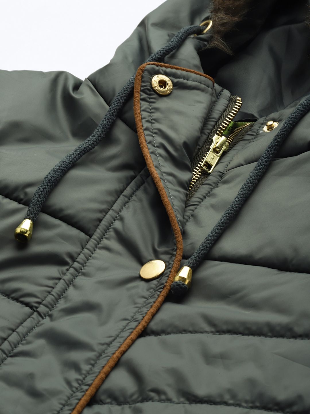 DressBerry Women Olive Green Quilted Longline Hooded Parka Jacket