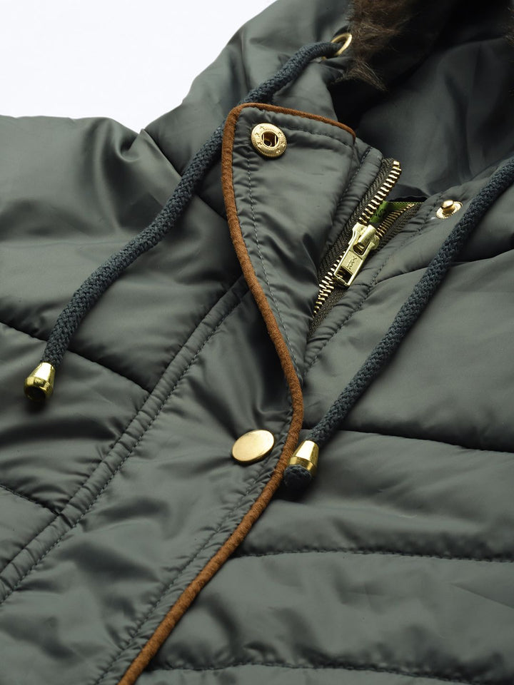DressBerry Women Olive Green Quilted Longline Hooded Parka Jacket