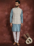 Anouk Blue Striped Mandarin Collar Thread Work Straight Kurta With Churidar