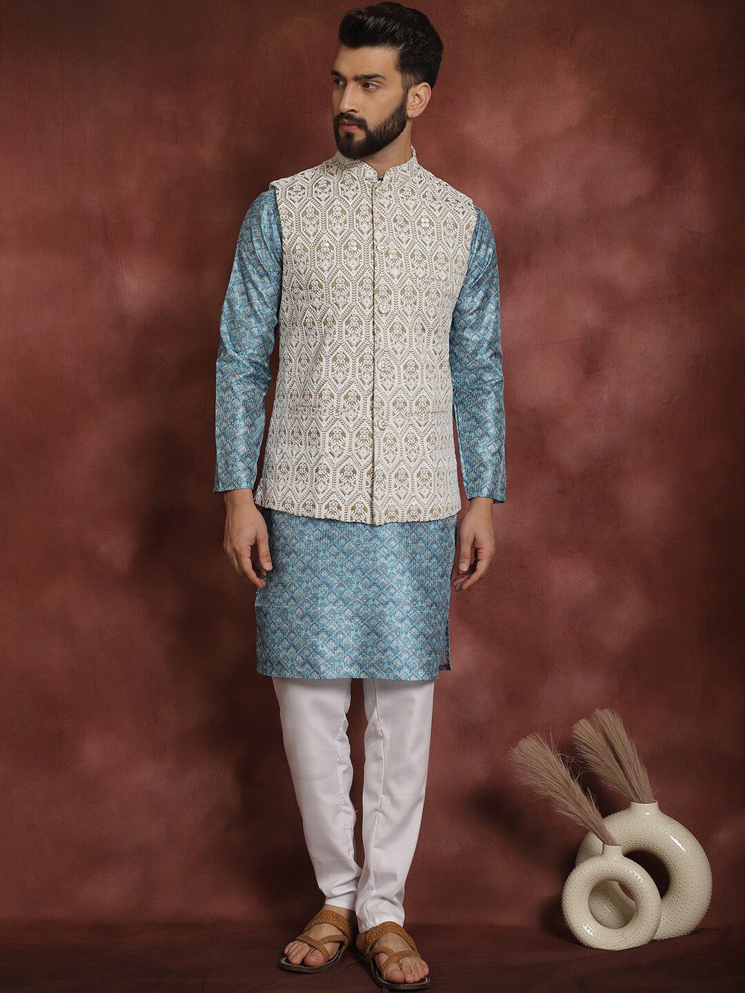 Anouk Blue Striped Mandarin Collar Thread Work Straight Kurta With Churidar