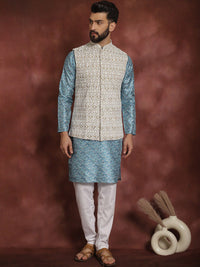 Anouk Blue Striped Mandarin Collar Thread Work Straight Kurta With Churidar