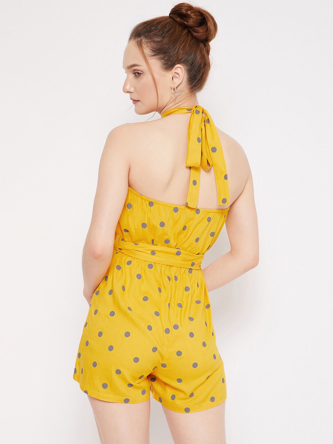 Berrylush Woman Yellow & Grey Polka Halter Neck Printed Jumpsuit