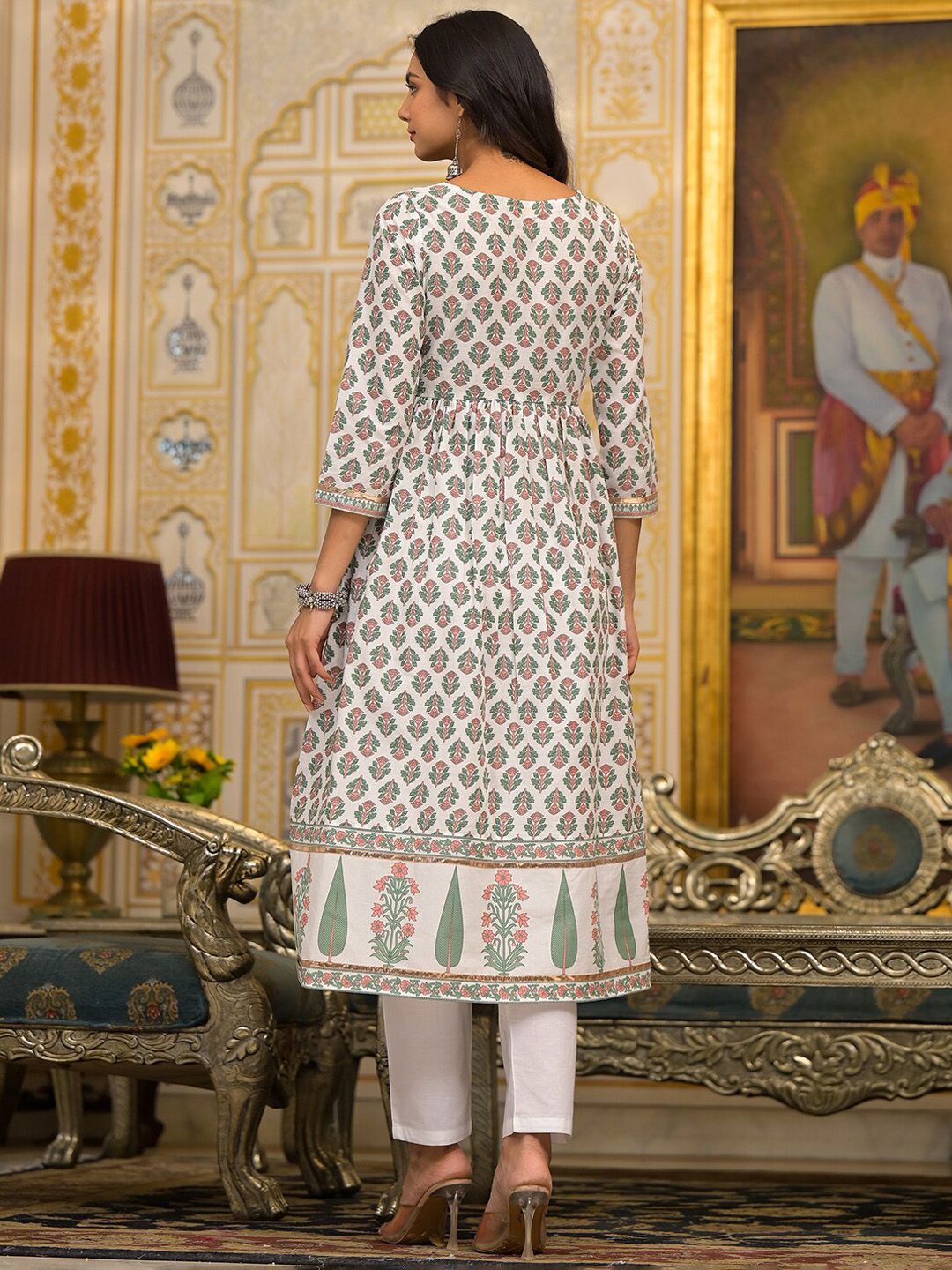 Vishudh White Floral Printed Pleated Pure Cotton Kurta with Trouser & Dupatta