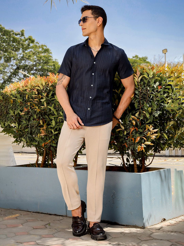 Thomas Scott Men Smart Slim Fit Spread Collar Vertical Striped Casual Shirt