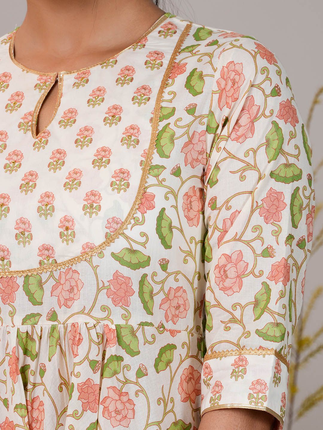 Libas Floral Printed Pleated Gotta Patti Pure Cotton Kurta with Trousers & Dupatta