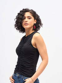 SASSAFRAS Black Sleeveless Ruched Fitted Top