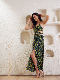 Berrylush Black Converstional Printed Halter Neck Tie Up Crepe A-Line Dress