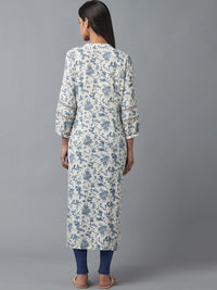 W Women White & Blue Floral Printed Thread Work Kurta