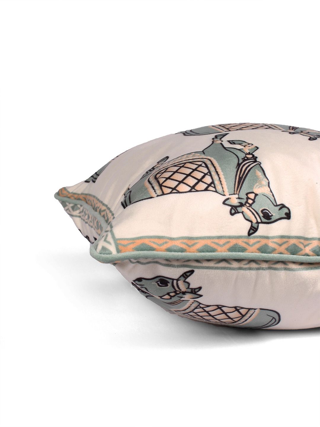STITCHNEST White & Green 2 Pieces Ethnic Motifs Velvet Square Cushion Covers