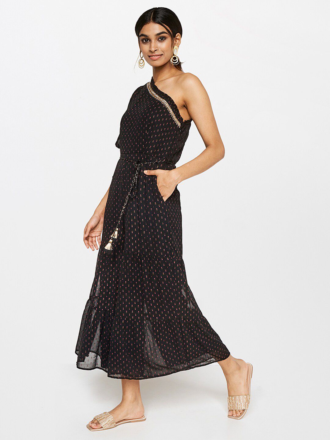 Global Desi Black & Pink Off-Shoulder Printed Jumpsuit