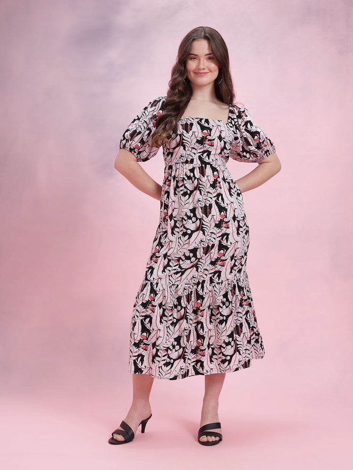 DressBerry Floral Print Puff Sleeve A-Line Midi Dress