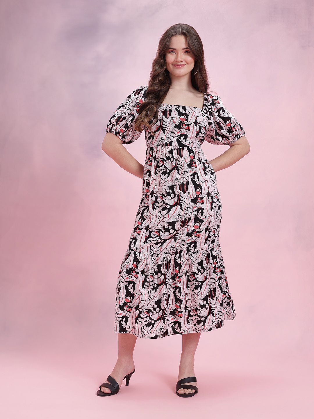 DressBerry Floral Print Puff Sleeve A-Line Midi Dress