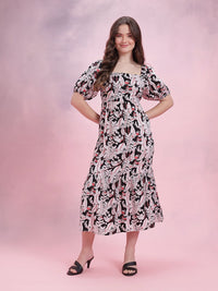 DressBerry Floral Print Puff Sleeve A-Line Midi Dress