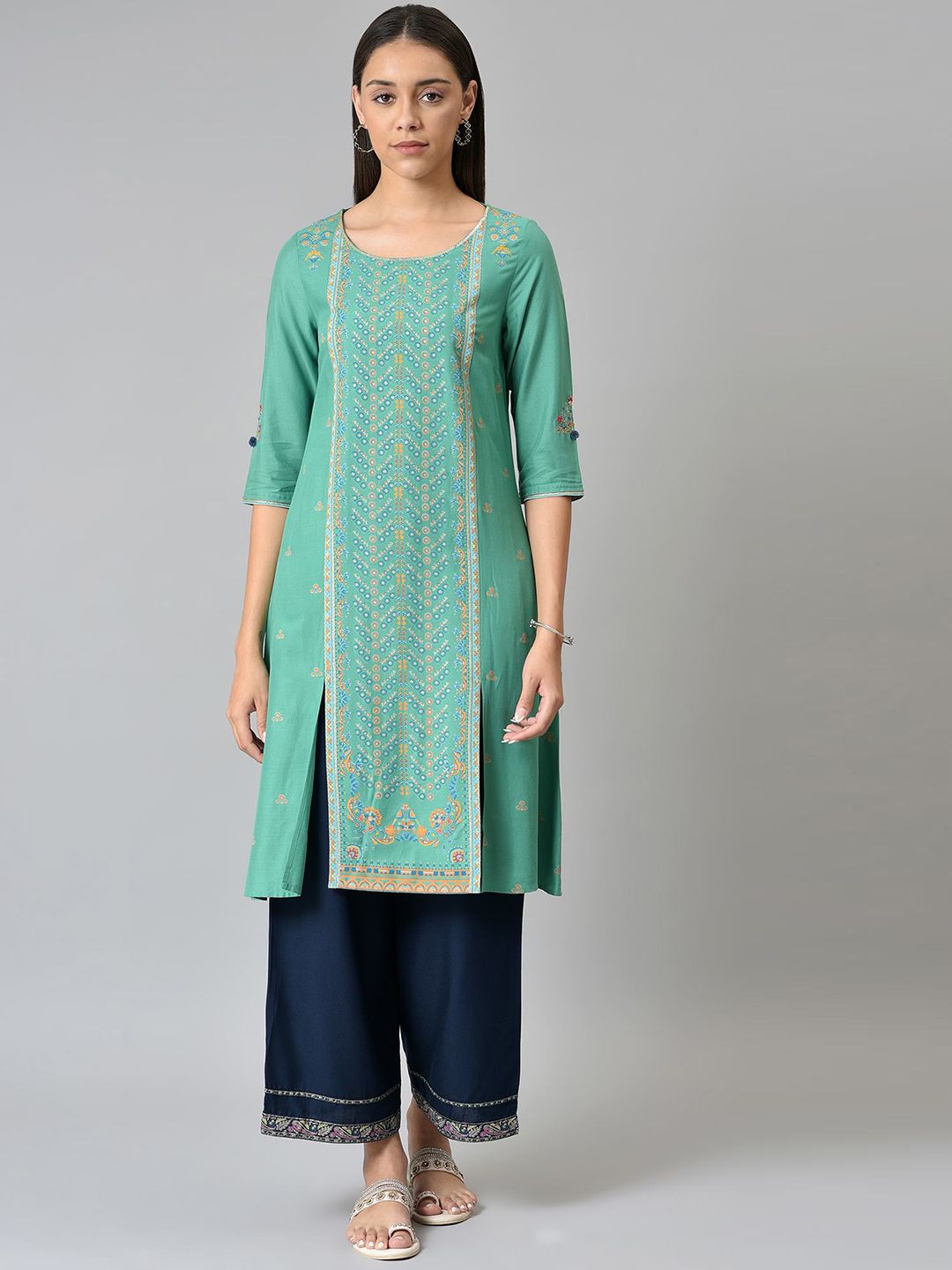 W Festive Floral Print Rayon Straight Kurta