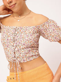 DressBerry Retro Revival Floral Print Off-Shoulder Puff Sleeve Bardot Crop Top
